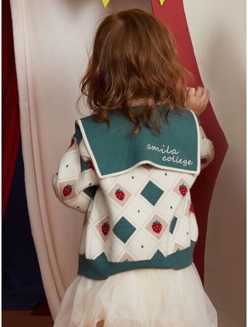 Shein Toddler Girls 1pc Strawberry Geo Pattern Letter Embroidery Sailor Collar Cardigan