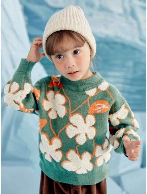 Shein Toddler Girls Floral Pattern Drop Shoulder Sweater