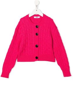Kids logo-patch cable knit cardigan