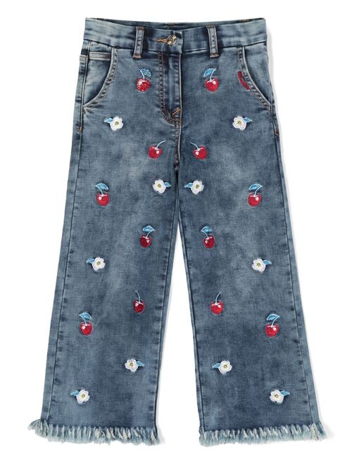 Monnalisa floral-embroidered frayed-cuff jeans