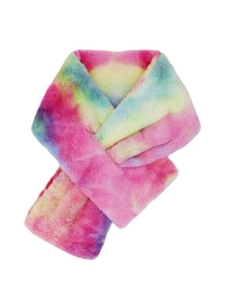 Newfancy Kids Winter Rainbow Scarf Gradient Cross Tie Collar Fluffy Fur Plush Shawl Wrap Neck Warmer for Toddler Girls Boys