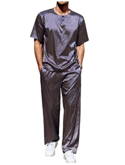 Mens Satin Pajamas Set Silk Button Down 2 Piece PJ Sets Short Sleeve Sleepwear Long Pants with Pockets S-XXL