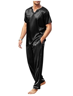 Mens Satin Pajamas Set Silk Button Down 2 Piece PJ Sets Short Sleeve Sleepwear Long Pants with Pockets S-XXL