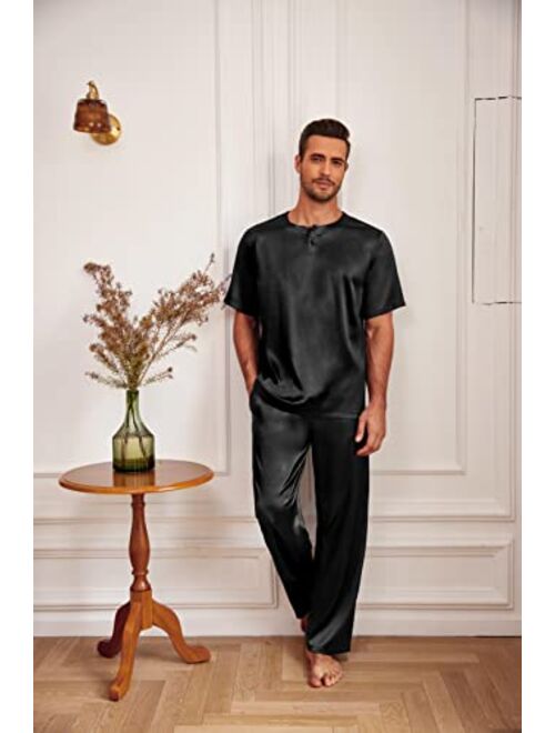 Ekouaer Mens Satin Pajamas Set Silk Button Down 2 Piece PJ Sets Short Sleeve Sleepwear Long Pants with Pockets S-XXL