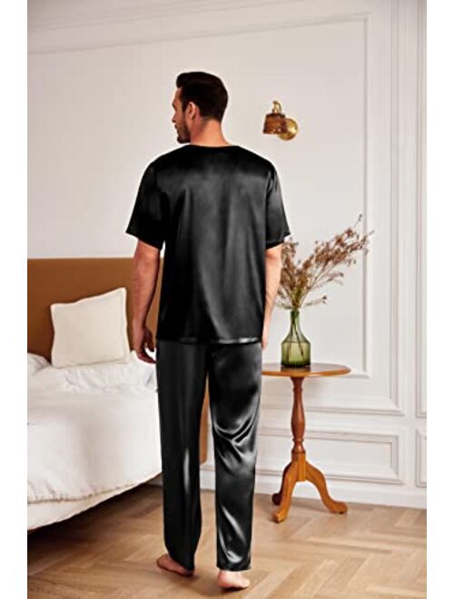 Ekouaer Mens Satin Pajamas Set Silk Button Down 2 Piece PJ Sets Short Sleeve Sleepwear Long Pants with Pockets S-XXL