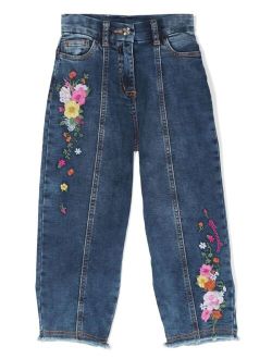 floral-embroidered tapered jeans