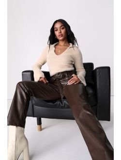 Made to Lead Dark Brown Vegan Leather Paperbag Waist Trousers
