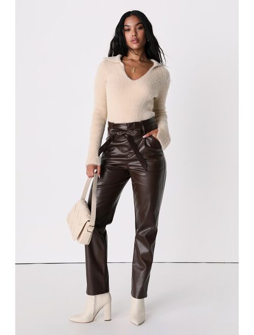 Lulus Made to Lead Dark Brown Vegan Leather Paperbag Waist Trousers