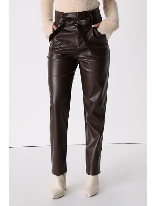 Lulus Made to Lead Dark Brown Vegan Leather Paperbag Waist Trousers