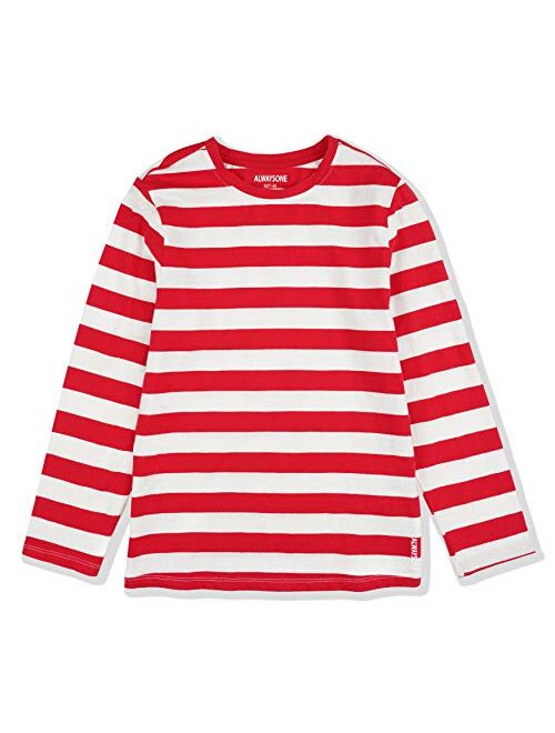 ALWAYSONE Kids Cotton Tee Long Sleeve Shirts Stripe and Solid T Shirts Crewneck T-Shirt for Boys Girls 3-12 Years