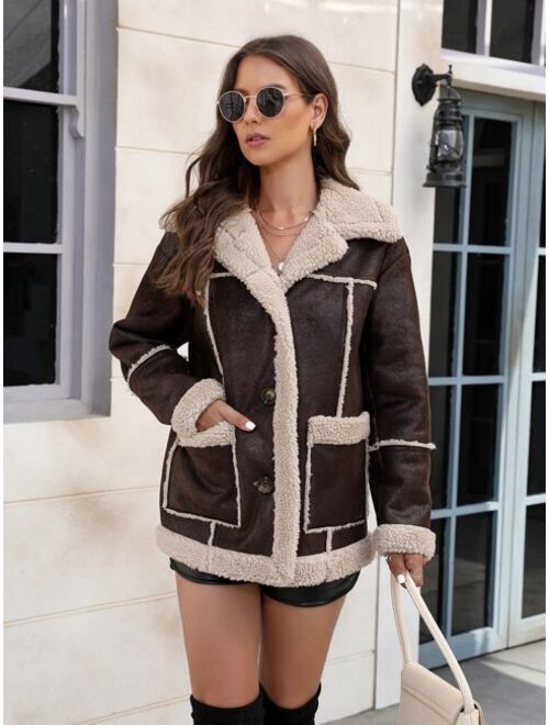 Shein Teddy Lined Dual Pocket Suedette Coat