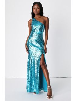 Capture the Glam Blue Sequin One Shoulder Mermaid Maxi Dress