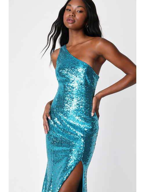 Lulus Capture the Glam Blue Sequin One Shoulder Mermaid Maxi Dress