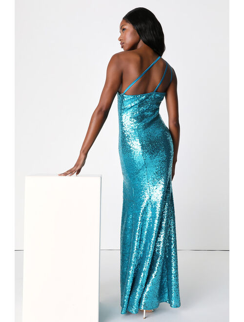 Lulus Capture the Glam Blue Sequin One Shoulder Mermaid Maxi Dress
