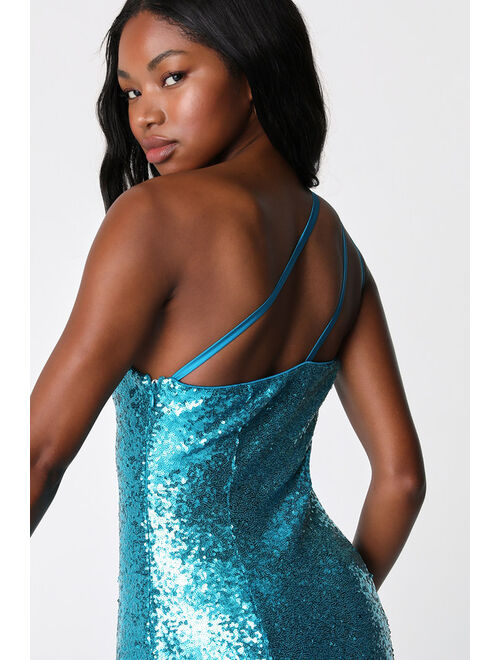 Lulus Capture the Glam Blue Sequin One Shoulder Mermaid Maxi Dress
