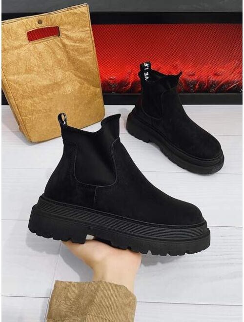 Shein Kuangbang Shoes Men Letter Tape Decor Slip-On Faux Suede Chelsea Boots