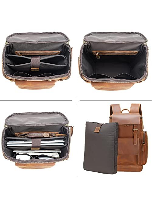 Masa Kawa Leather Backpack for Men 15.6 Inch Laptop Large Capacity Vintage College School Bag Hiking Daypack