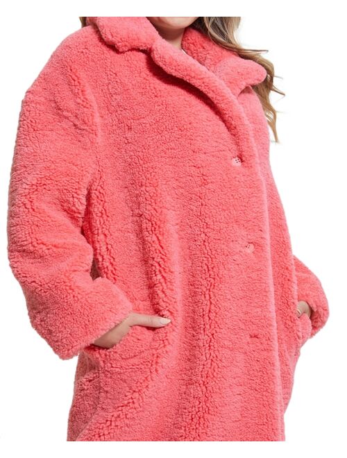 GUESS Women's Alina Faux-Fur Peak-Lapel Teddy Coat