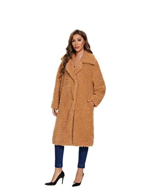 Sugar Poison Women's Fuzzy Fleece Lapel Open Front Long Cardigan Coat With Belt Faux Fur Warm Winter Outwear Jackets With Pockets