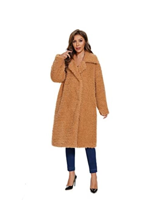 Sugar Poison Women's Fuzzy Fleece Lapel Open Front Long Cardigan Coat With Belt Faux Fur Warm Winter Outwear Jackets With Pockets