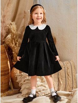 Toddler Girls Contrast Collar Velvet Dress