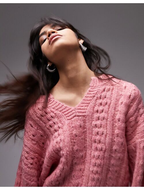 Topshop knitted textured cable sweater in pink
