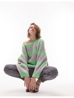 knitted slouchy sweater in green and lilac