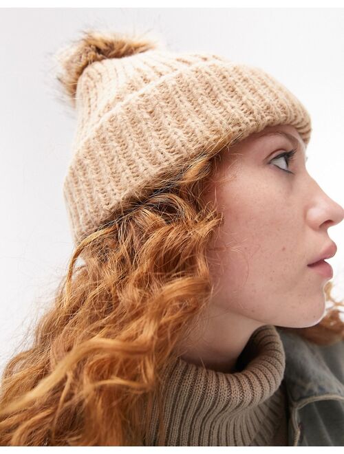 Topshop knitted fur pom pom beanie in camel - TAN