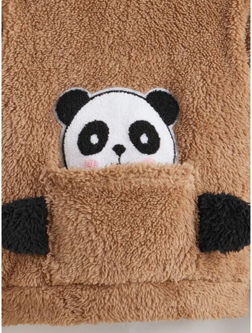 SHEIN Toddler Boys Panda Embroidery 3D Ears Design Coral Fleece Hoodie