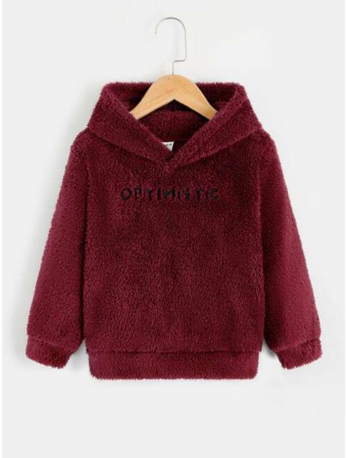 SHEIN Toddler Boys Letter Embroidery Coral Fleece Hoodie