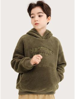 Boys 1pc Letter Embroidery Drop Shoulder Teddy Hoodie