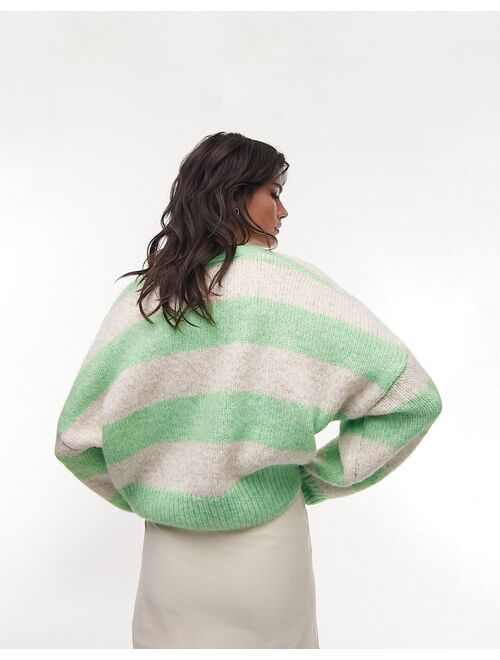 Topshop knitted stripe short cardi in green