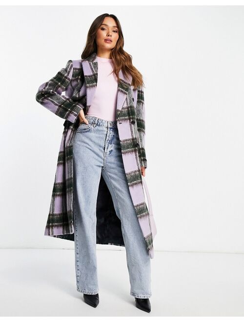Topshop check double breasted long coat in lilac