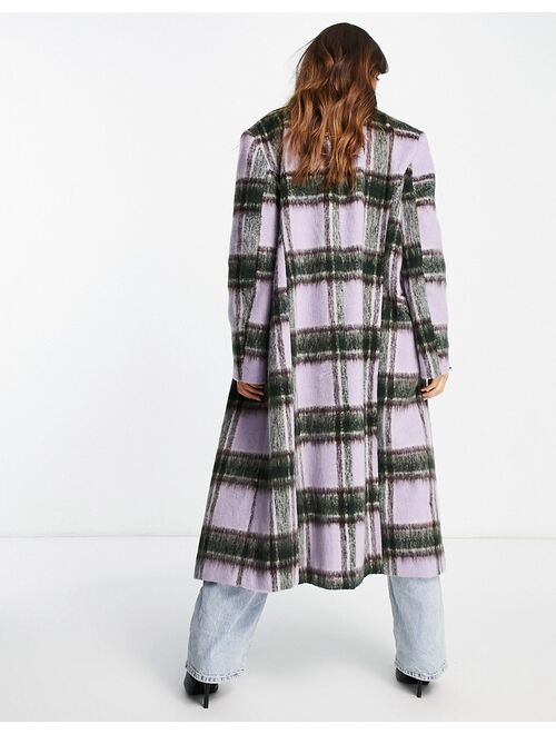 Topshop check double breasted long coat in lilac