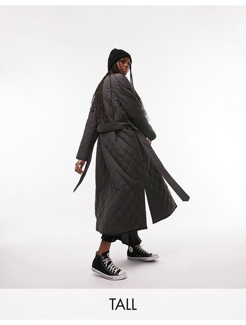 Topshop Tall collarless quilted coat in charcoal