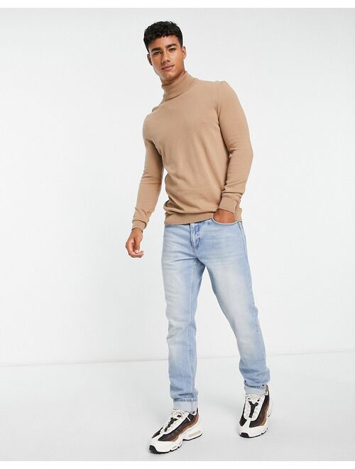 New Look slim fit knit turtle neck sweater in camel