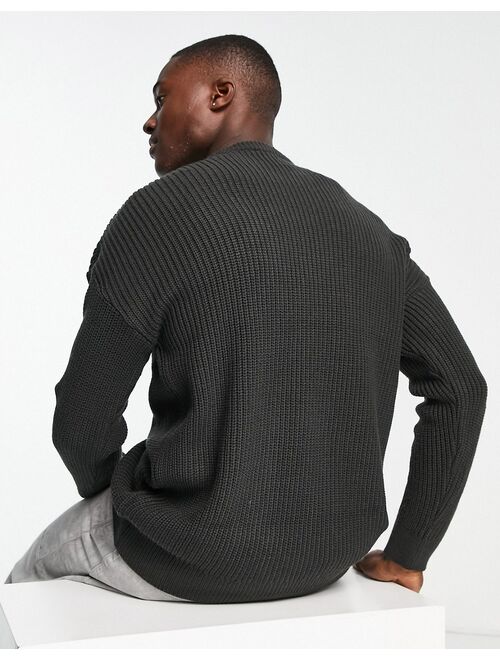 New Look relaxed fit knit fisherman sweater in dark gray