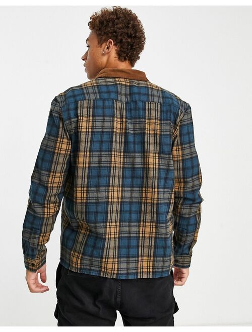 New Look cord collar check overshirt in blue check