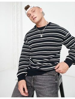 relaxed fit fisherman stripe sweater in navy