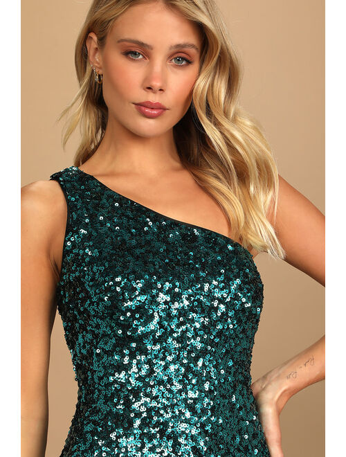 Lulus Just Tonight Teal Blue Sequin One-Shoulder Bodycon Dress