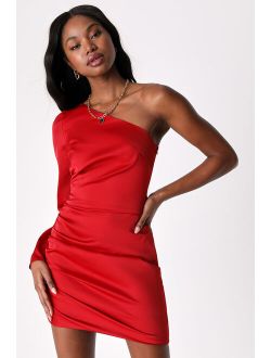 Happy Hour Chic Wine Red Satin Ruched One-Shoulder Mini Dress