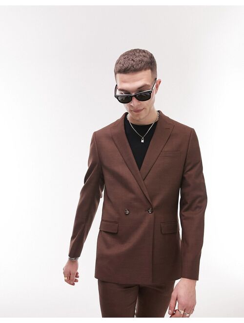 Topman super skinny double breasted one button suit jacket in brown