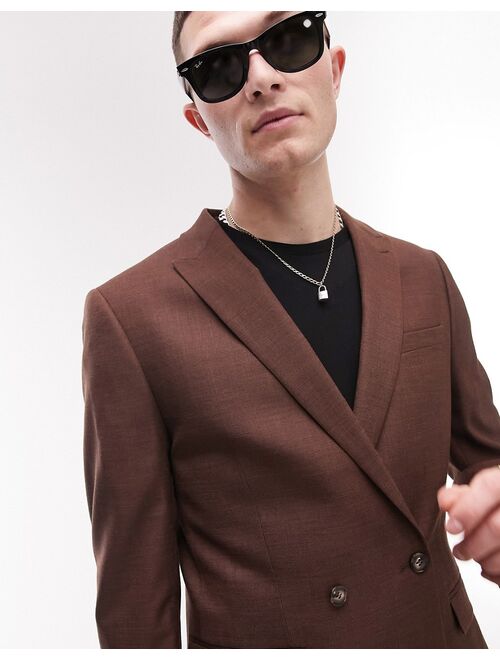 Topman super skinny double breasted one button suit jacket in brown