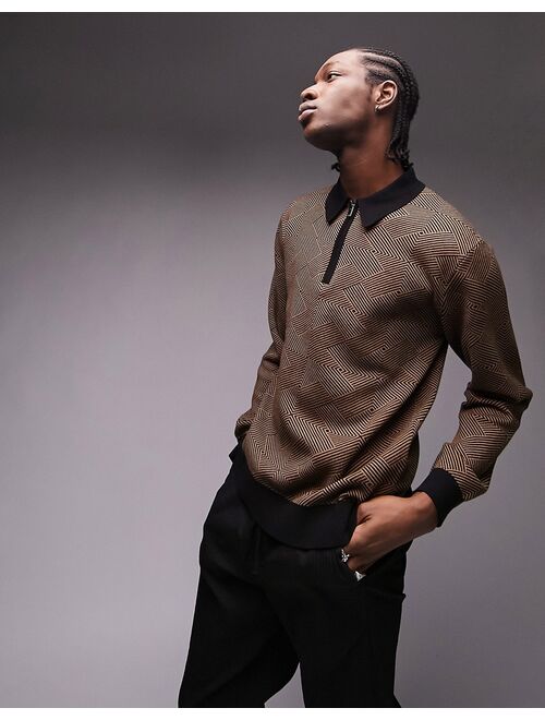 Topman knitted polo with geo block in brown