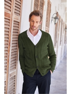 Men's Cardigan Sweater Cable Knit V Neck Button up Sweaters Ribbed Cardigan Sweater with Pockets