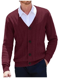 Men's Cardigan Sweater Cable Knit V Neck Button up Sweaters Ribbed Cardigan Sweater with Pockets