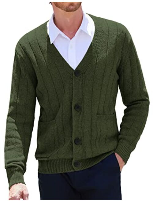 COOFANDY Men's Cardigan Sweater Cable Knit V Neck Button up Sweaters Ribbed Cardigan Sweater with Pockets