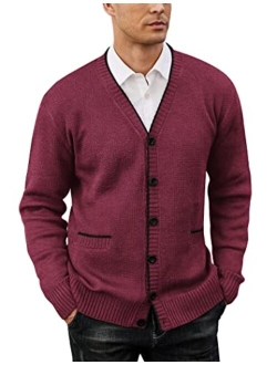 Mens Long Sleeve Cardigan Sweater Slim Fit Button Down V-Neck Knit Sweater with Pockets