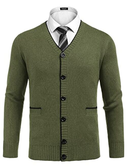 COOFANDY Mens Long Sleeve Cardigan Sweater Slim Fit Button Down V-Neck Knit Sweater with Pockets