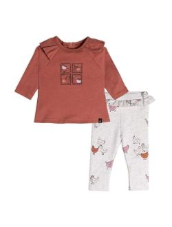 Baby Girl Organic Cotton Top And Pant Set Hen Print Rust And Beige - Infant